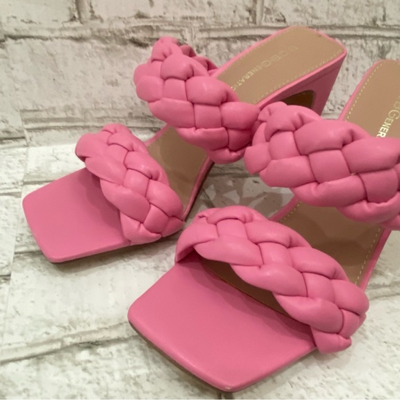 BCBGeneration Pink “Finaa” Slide Chunky Braided Woven Strap Heel Sandal Size 7 - Picture 3 of 16